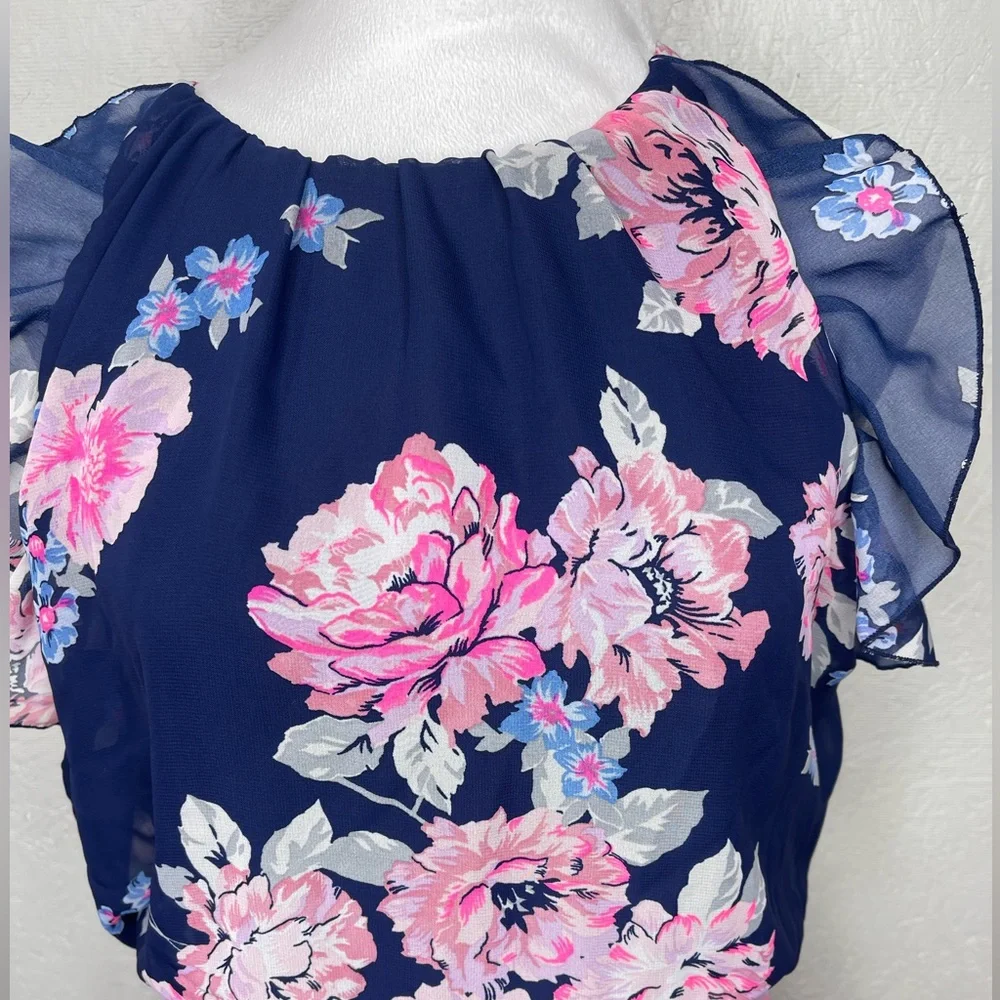 Navy Pink Floral Chiffon Maxi Dress Romantic Cottagecore Spring Wedding Guest Md - Picture 5 of 14